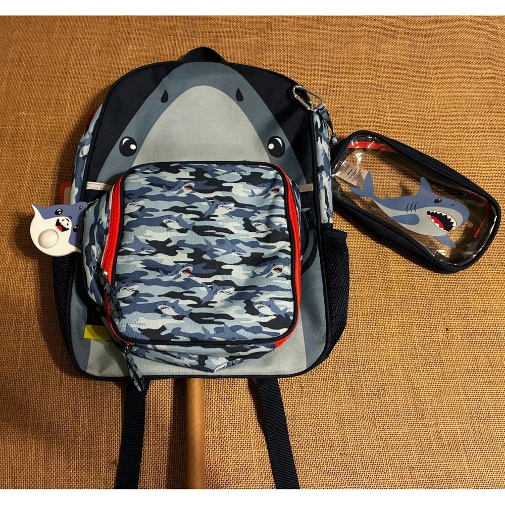 Cat & Jack Shark 4 Piece Backpack Set Blue Camo Lunch Bag Pencil Pouch Keychain
